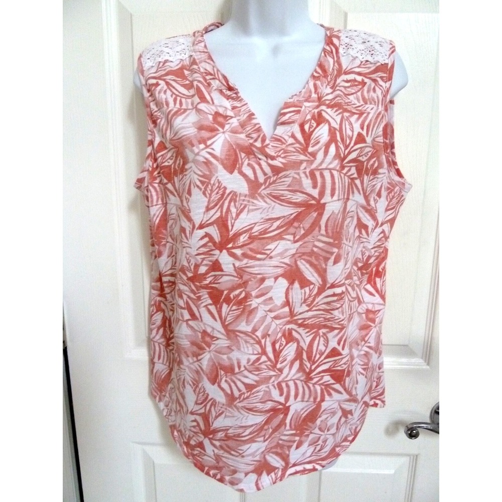 Fresh Women XL Pink White Tropical Floral Tank Top V-Neck Crochet Lace Blouse